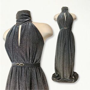 Vintage 1970s Silver Metallic Studio 54 Keyhole Jewel Belted Halter Maxi Dress